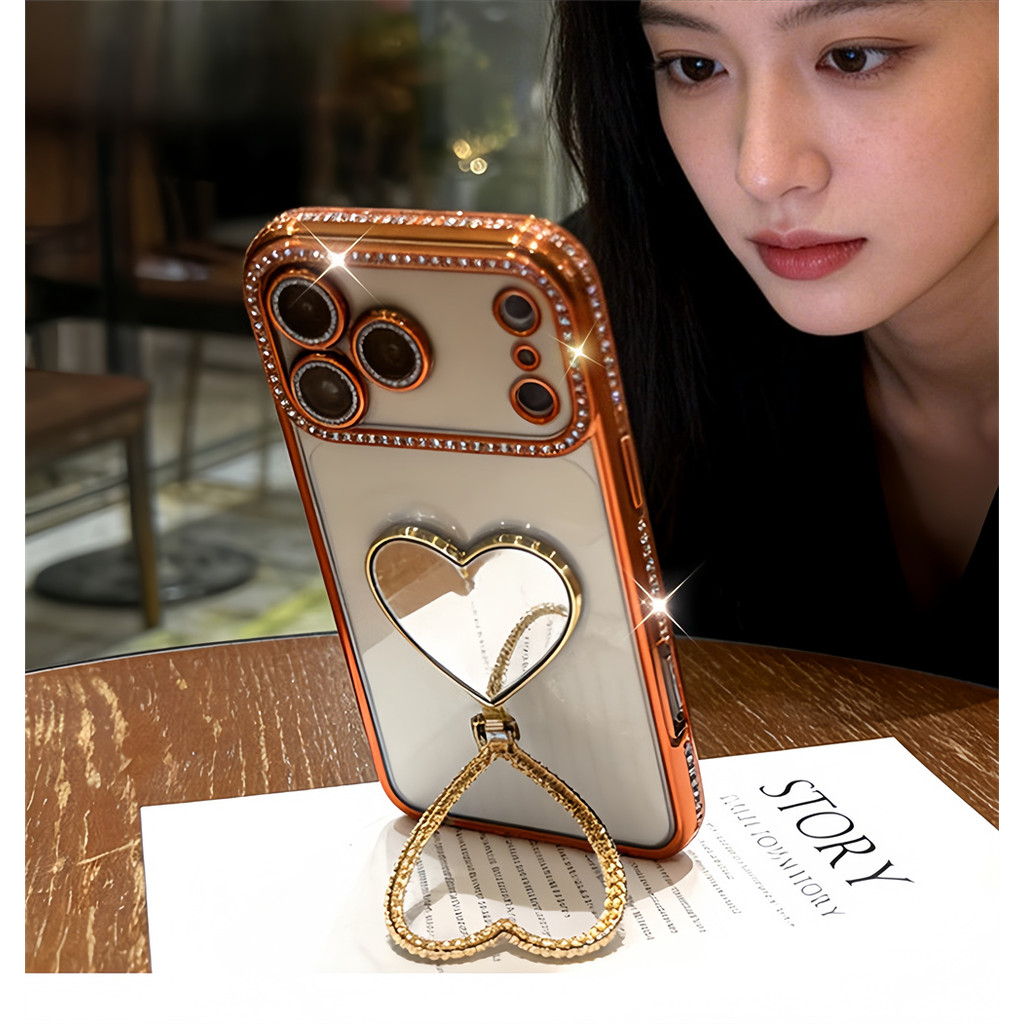 Flash Diamond Love Mirror Stand Ốp Lưng Điện Thoại iPhone 17 Pro Max 16 12 13 14 15 Pro Max Bao Gồm Bảo Vệ Ống Kính Máy Ảnh Vỏ Mềm Vỏ Điện Thoại Vỏ Bảo Vệ