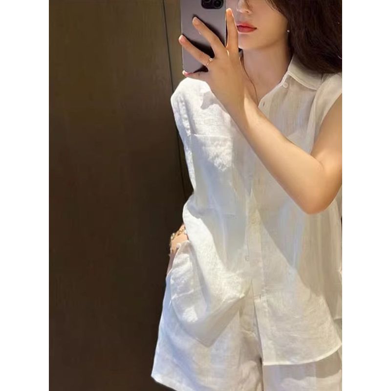 [Hàng mới về] Áo sơ mi không tay nữ + Quần short vải lanh Bộ đồ hai mảnh, Phiên bản thịt che rộng, Phong cách trắng tươi, Phong cách thường ngày thời trang mùa hè 2026