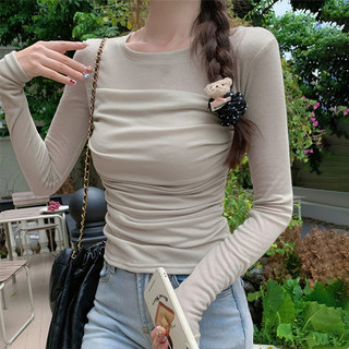 VM-Áo thun dài tay lưới Áo ngắn thời trang nữ Áo thun dài tay nữ mỏng nhẹ ôm sát xếp ly cổ tròn