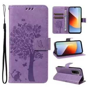 Ốp Lưng Cho Redmi A7 Pro Dập Nổi Mèo Và Cây Da Khe Cắm Thẻ Dây Đeo Tay Chống Rơi Vỏ Điện Thoại
