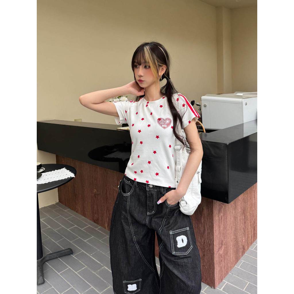 áo phông Vai Raglan in hình ngôi sao cổ điển Mỹ Slim-fit