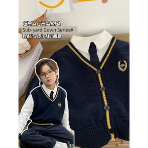 Trà Mẹ Quần Áo Trẻ Em Bé Trai Phong Cách Preppy Phù Hợp Với Áo Sơ Mi Cà Vạt Trắng Dệt Kim Áo Cardigan Quần Váy Sinh Nhật