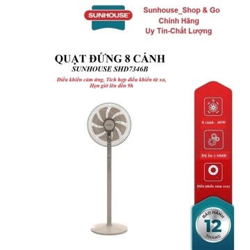 QUẠT ĐỨNG SUNHOUSE 8 CÁNH SHD7346B, Điều khiển cảm ứng, Tích hợp điều khiển từ xa, 3 chế độ gió, Hẹn giờ lên đến 9h