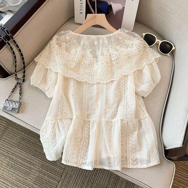Áo sơ mi cotton kiểu Pháp thêu ren, short sleeves, hơi trong suốt - Perfect cho mùa hè