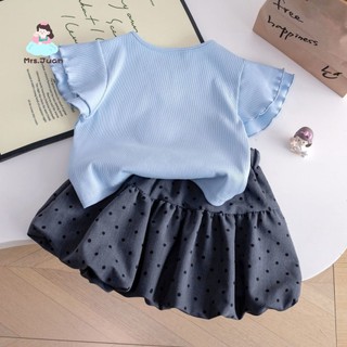 Bộ đồ bé gái hè áo xanh viền bèo phối váy chấm bi - Set chân váy bồng dễ thương phong cách Hàn