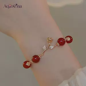 Vòng tay dây xích phong cách Hàn Quốc với hoa hồng và hạt kim cương giả màu đỏ - Quà tặng trang sức cưới sang trọng