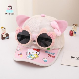 Mũ lưỡi trai hè cho bé gái - Mũ lưới thoáng khí chống nắng kèm kính mèo KT dễ thương