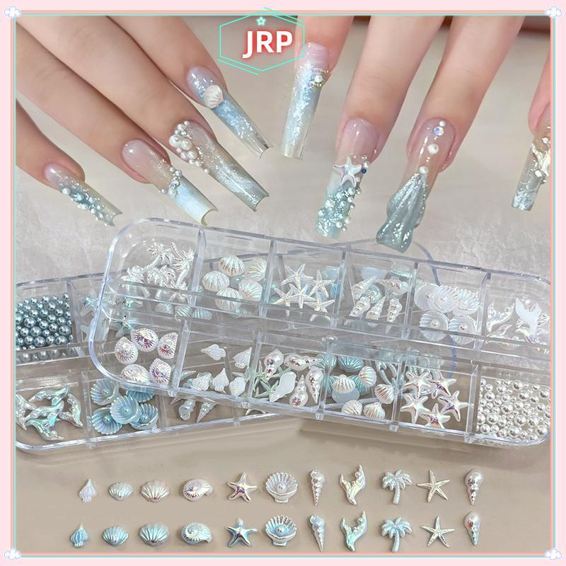 JRP 12 Lưới / Hộp Màu Xanh Trắng Móng Tay Charm Shell Ngọc Trai Sao Biển Nàng Tiên Cá Đuôi 3d Móng Tay Nghệ Thuật Phụ Kiện Cho Một Giấc Mơ Và Đại Dương Làm Móng Tay Nhìn JRP
