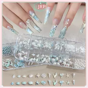 JRP 12 Lưới / Hộp Màu Xanh Trắng Móng Tay Charm Shell Ngọc Trai Sao Biển Nàng Tiên Cá Đuôi 3d Móng Tay Nghệ Thuật Phụ Kiện Cho Một Giấc Mơ Và Đại Dương Làm Móng Tay Nhìn JRP
