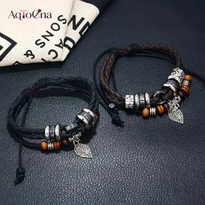 AqToCna Da Bện Dây Phong Cách Vintage Lá Thiết Kế Nam Nữ Đeo Vòng Tay AqToCna