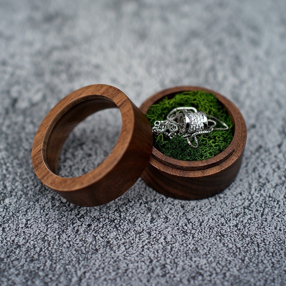Hộp đựng nhẫn cưới tròn, gỗ di động, nắp trong suốt, màu nâu, cho Ngày lễ tình nhân