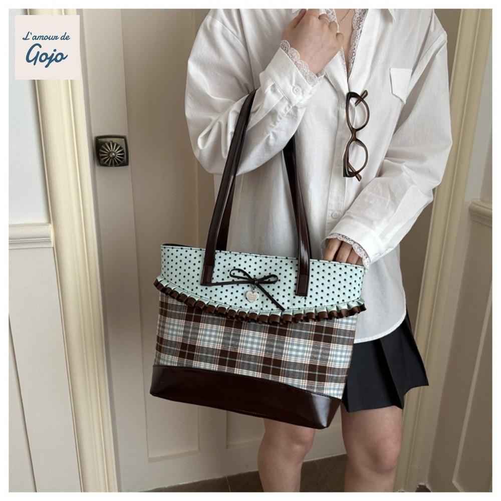 Túi tote to vải Canvas kẻ sọc ren, chắp vá chấm bi dung tích lớn, xanh lá cây cổ điển, đeo nách
