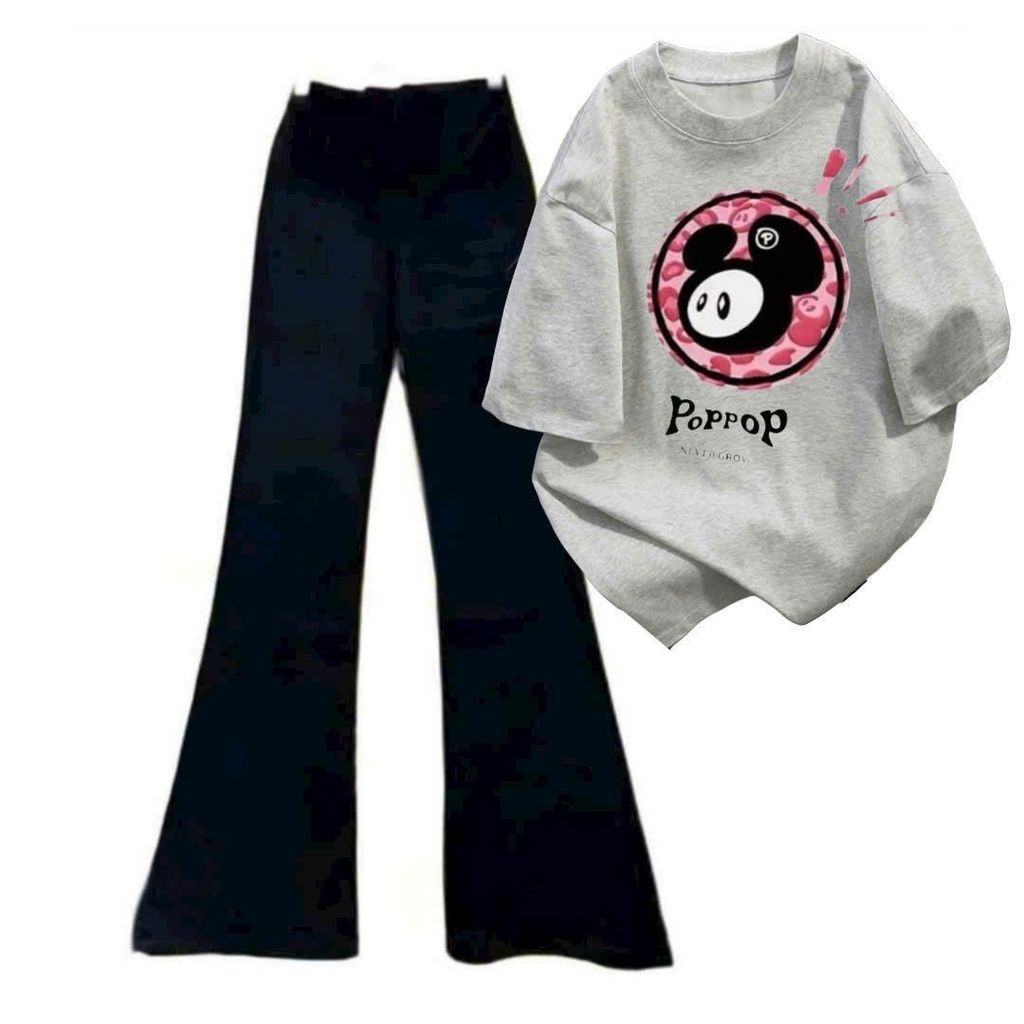 Bộ quần ống loe dài + và áo phông unisex hình POPOP mới-chang3158