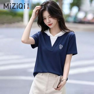 【MiZiQi】Áo thun ngắn tay có mũ trùm đầu dành cho nữ, Áo cổ chữ V giả hai mảnh mùa hè