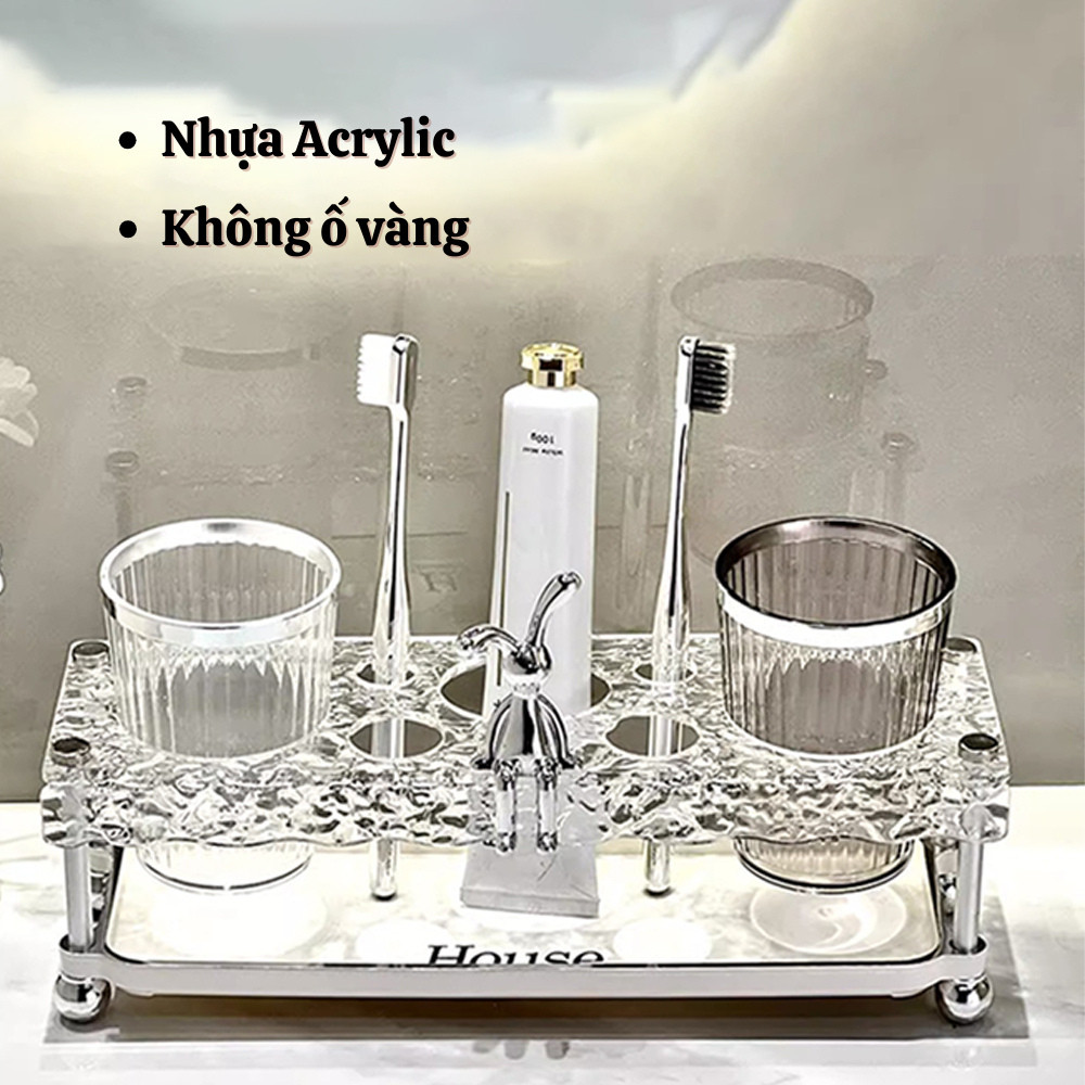 Kệ Đựng Bàn Chải Đánh Răng Acrylic Kèm 2 Cốc, Giá Để Kem Đánh Răng Nhà Tắm Decor Gọn Gàng