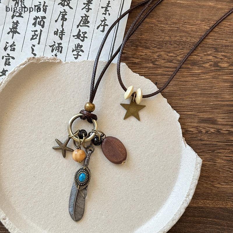 Bigapple Vintage Boho Kim Loại Lông Vũ Mặt Dây Chuyền Ren Nữ Handmade Lớp Trang Sức RDG