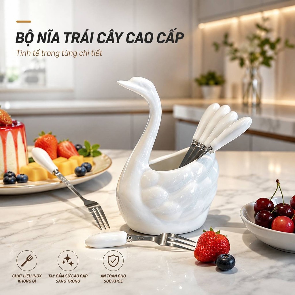 Bộ 6 Nĩa Trái Cây Thiên Nga Cao Cấp – Set Nĩa Inox Tay Cầm Sứ Sang Trọng Kèm Hộp Đựng Decor Bàn Ăn