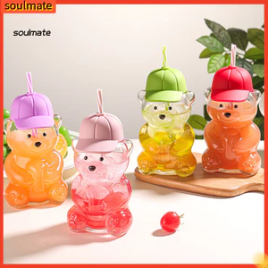 Cốc thủy tinh hình gấu có nắp ống hút 600ml – Cốc Sippy tái sử dụng cho cà phê đá, nước ép, trà sữa; an toàn máy rửa chén, nắp gấu dễ thương