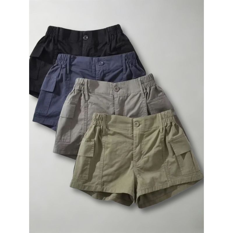 Quần short nữ xanh lính kiểu Mỹ, túi hộp, cạp chun co giãn, phong cách retro, dáng rộng