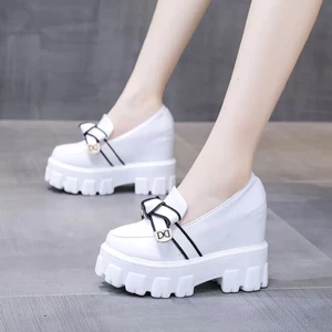 Giày Da Nhỏ Nữ Phong Cách Anh Mùa Xuân Phong Cách Mới 10cm Tất Cả Trận Đấu Nơ Đế Dày Bên Trong Tăng Chiều Cao Giày Đơn Loafers