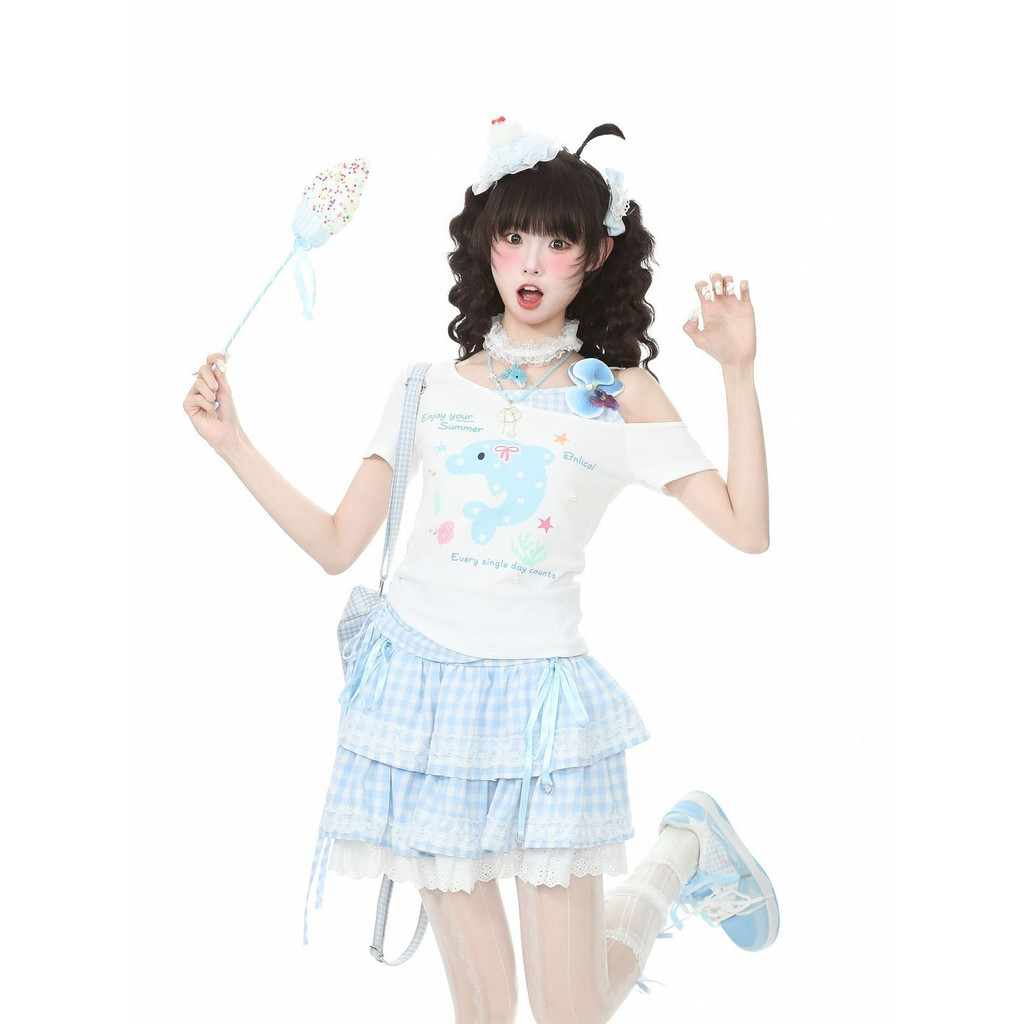 Áo Thun babytee Bướm lệch vai giả hai mảnh mùa hè in hình dễ thương