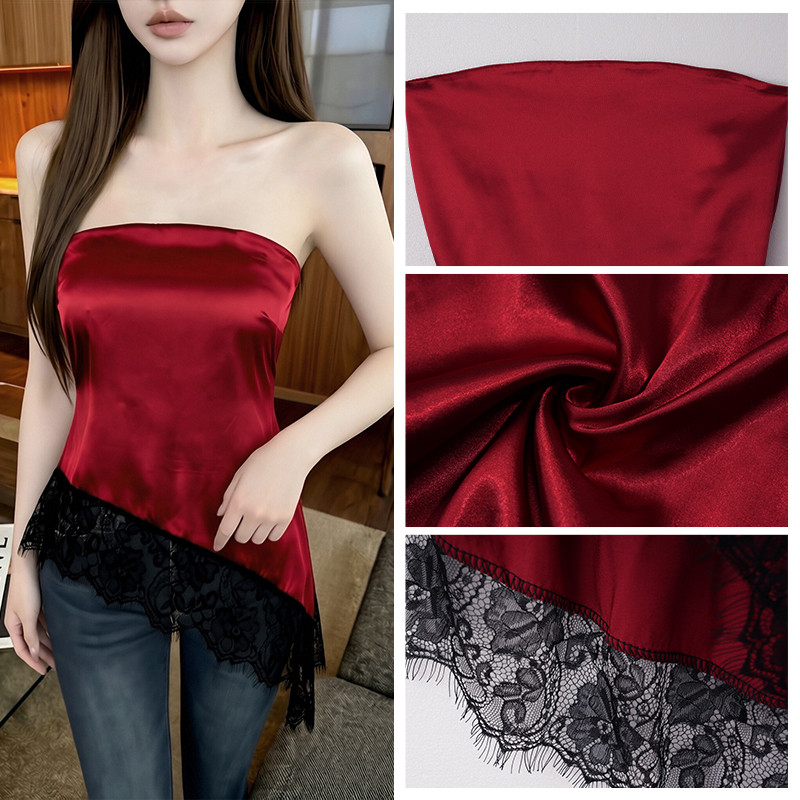 【dynamar】HÀNG CÓ SẴN-Áo trễ vai phối ren đen bất đối xứng dành cho nữ - Phong cách và thời thượng, không có mút độn.