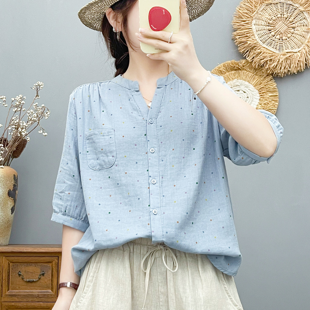 [Hàng có sẵn] Áo sơ mi nữ Cotton chấm bi mùa hè tay áo vừa mềm mại