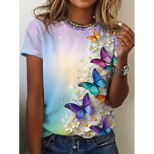 Thời Trang 3D Bướm In Hình Áo Thun Nữ Mùa Hè Cổ Tròn Tay Ngắn Kawaii Girl Tee