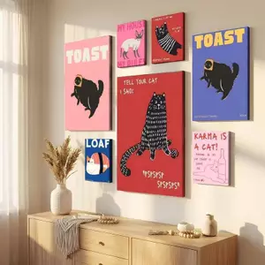 Modern Popular Black Cat Food Canvas Painting Fun Animal Art Home Wall Decor Canvas Poster