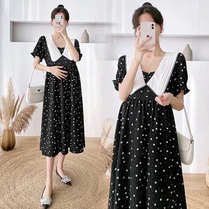 Váy bà bầu mùa hè dáng rộng cỡ lớn Váy ve áo hoa