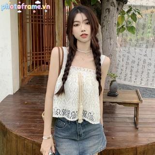 Khung Ảnh Mùa Hè Rỗng và Camisole Dệt Kim Màu Trơn Không Tay Cho Nữ