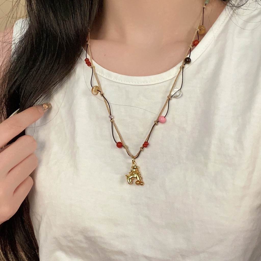 Mới Phong Cách Trung Quốc Hai Lớp Bện Đính Hạt Vòng Cổ Nữ Retro Pony Mặt Dây Chuyền Xương Đòn Dây Chuyền Benming Năm Phù Hợp Với Phụ Kiện Phong Cách Trung Hoa