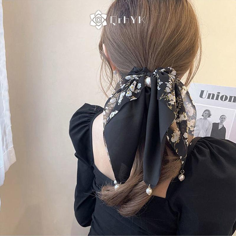 Dây buộc tóc retro thanh lịch với nơ ngọc trai, phong cách Hàn Quốc dành cho tóc đuôi ngựa