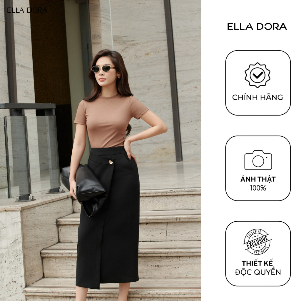 Chân váy nữ ELLA DORA thiết kế đắp tà phối cúc đồng thanh lịch phong cách công sở màu ĐEN [CV182]