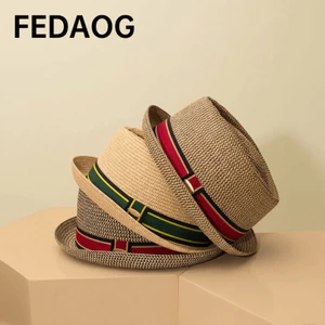 FEDAOG Nam Mùa Hè Ống Hút Fedora, Mũ Du Lịch Cuba Thoáng Khí Mũ Rơm Trilby Anh, Mũ Chống Nắng Đi Biển Dệt Tay Cổ Điển Hợp Thời Trang