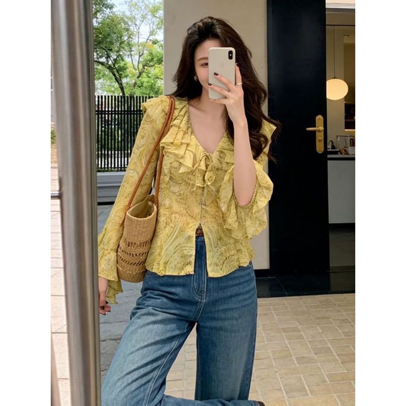[Hàng mới về] Áo sơ mi voan khâu cổ chữ V kiểu Pháp dành cho nữ Mùa hè 2026 Phong cách mới Slim-fit Slimmer Look Beautiful Holiday Top