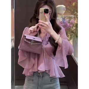 Áo sơ mi nữ thời trang VN, phong cách cổ điển, dáng rộng vừa vặn, cổ chữ V, thiết kế xếp ly dài tay, áo sơ mi có sẵn.