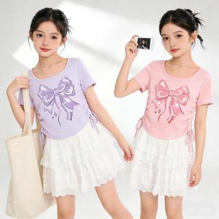 ÁO Thun Bé GáI KiểU HàN HọA TiếT Nơ & RúT DâY SườN VảI MềM MịN áO áO Thun KiểU