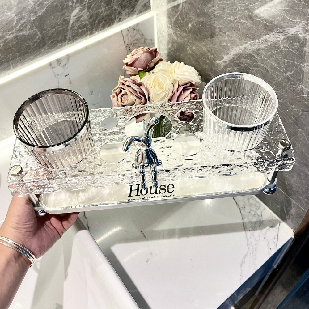 Kệ Đựng Bàn Chải Đánh Răng Acrylic Kèm 2 Cốc, Giá Để Kem Đánh Răng Nhà Tắm Decor Gọn Gàng