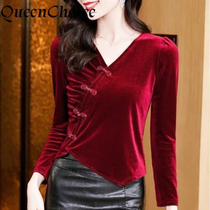 Áo Sơ Mi Nữ Tay Dài Màu Đỏ Chắc Chắn Nữ Cổ Sườn Xám Cổ Chữ V Áo Sơ Mi