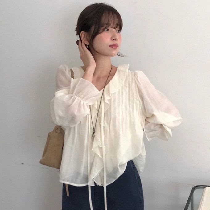 SUXI Mùa hè mới dành cho nữ màu trơn mềm mại thường ngày Áo sơ mi dài tay có dây buộc 260507