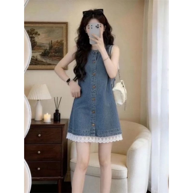 [Khuyến mãi trong thời gian có hạn] Mùa hè 2026 Váy Denim không tay phong cách mới Nữ phong cách Hàn Quốc Ren viền khâu dáng ôm hơn Váy ngắn
