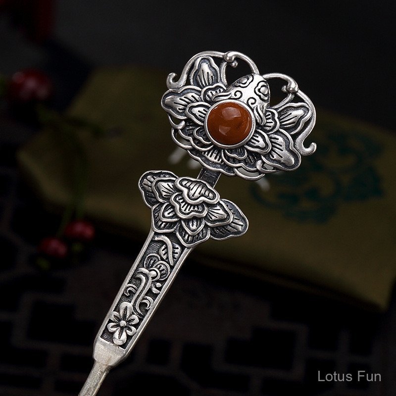 Chính Hãng S925 Bạc Hoa Mẫu Đơn Kẹp Tóc Trung Quốc Retro Trang Phục Cung Điện Hanfu Pan Tóc Bun Mũ Đội Đầu Quà Tặng