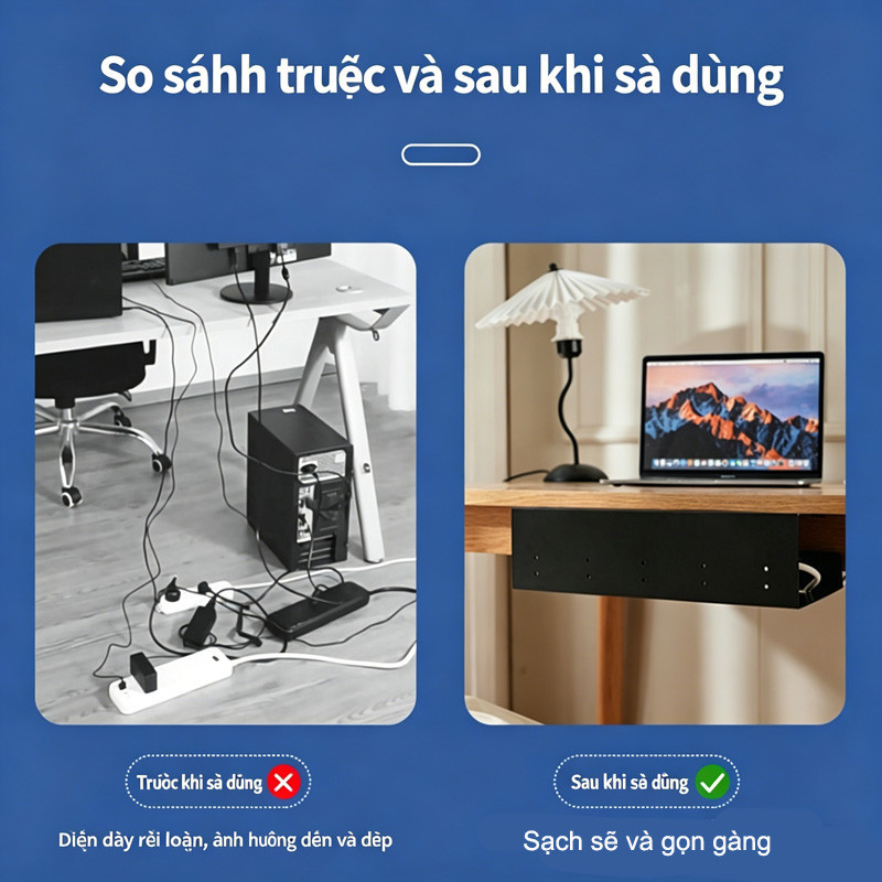 Khay quản lý dây cáp dưới bàn - che giấu ổ cắm gọn gàng, dễ lắp đặt, ngăn ngừa dây cáp rối và cách điện an toàn