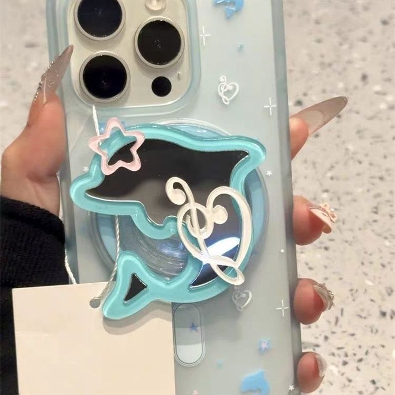 Cảm giác da|Gương bán kính dễ thương Dolphin Note Giá đỡ từ tính Thích hợp cho Apple 17pro Frosted Blue 16 Vỏ bảo vệ điện thoại