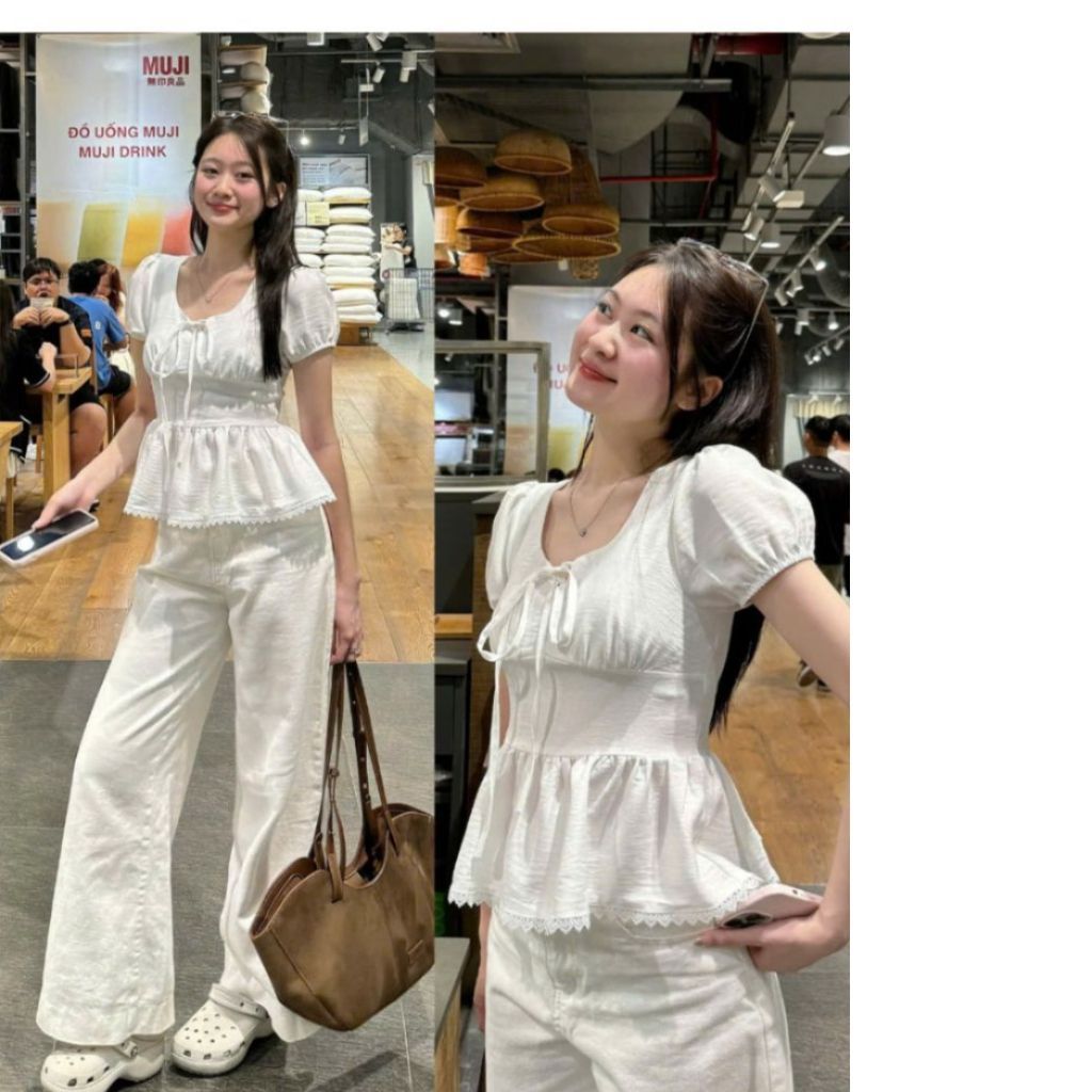 Áo Kiểu Nơ Buộc Bo Eo Tay Bồng Pha Ren A31177 Thời Trang Nữ Bigsize - SamHi Closet