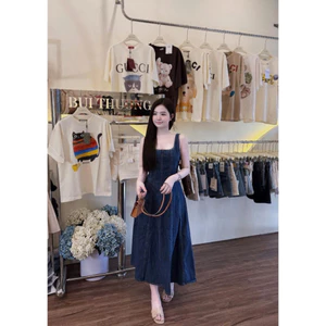 Đầm Sát Nách Cổ Vuông Dáng Dài Chiết Eo Xoè Denim BYJOLIE TA