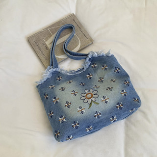 Túi tote thêu hoa hạng nặng độc đáo bằng vải denim đã giặt