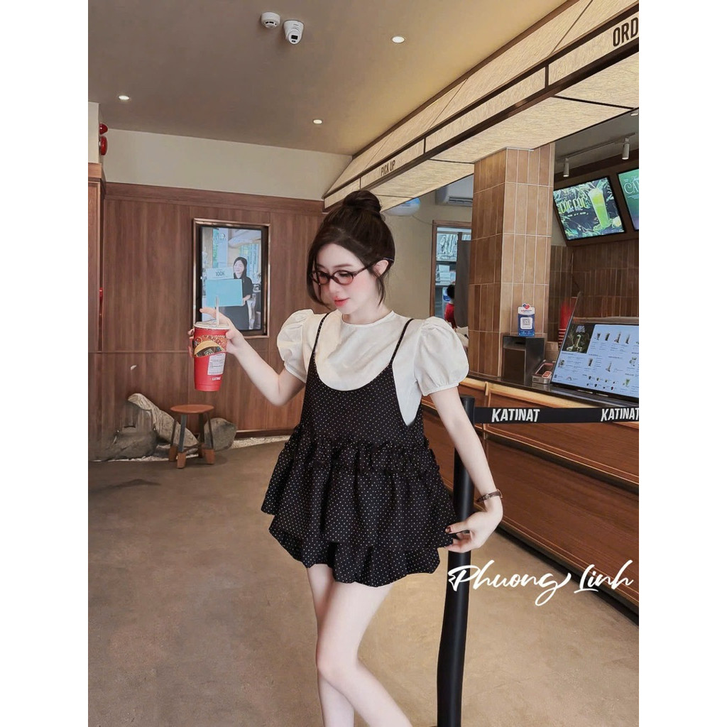 SÉT 3 MÓN , ÁO TRẮNG BABY DOLL , ÁO BI 2 DÂY BÈO , CHÂN  BI BÍ BYJOLIE