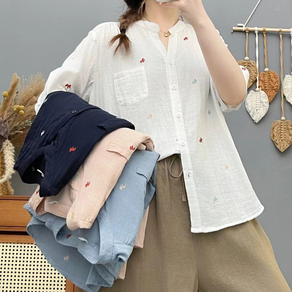 Áo sơ mi nữ tay ngắn, cổ chữ V, dáng rộng cỡ lớn